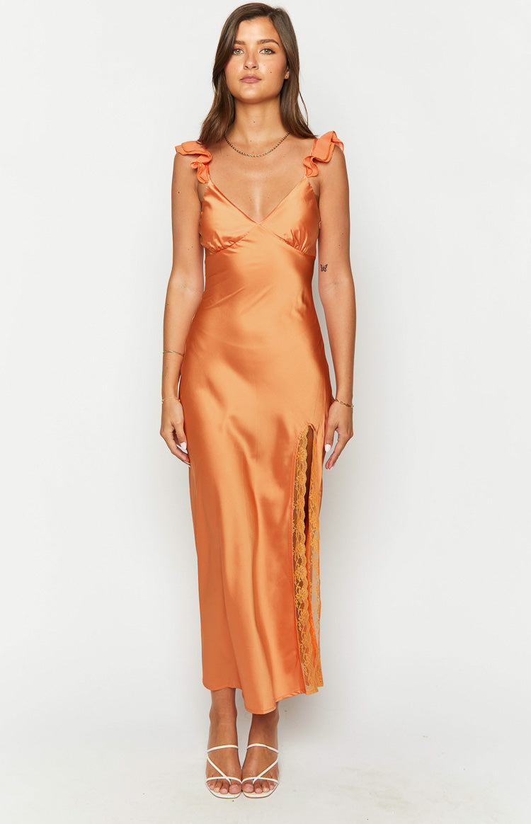Satin Ruffle Strap V-Neck Lace Trim Split Midi Dress 2