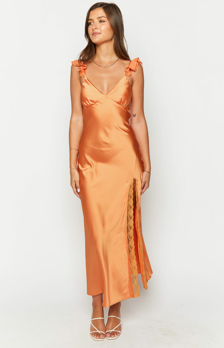 Satin Ruffle Strap V-Neck Lace Trim Split Midi Dress 3