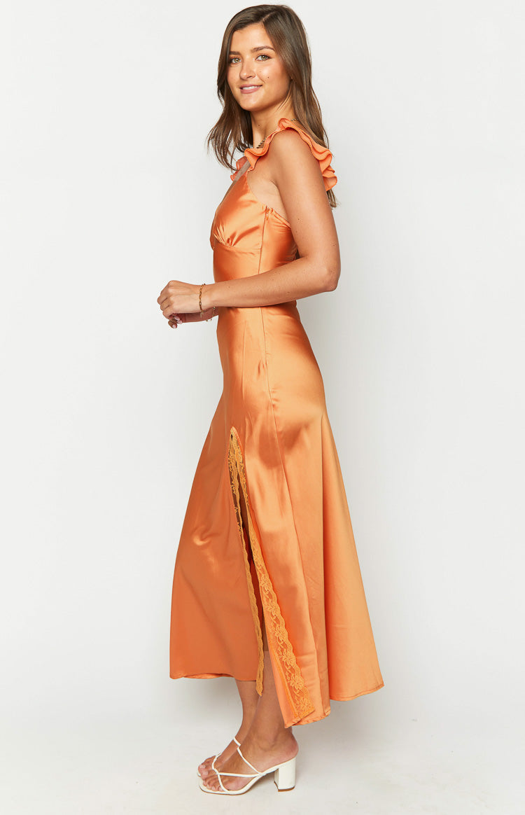 Satin Ruffle Strap V-Neck Lace Trim Split Midi Dress 4