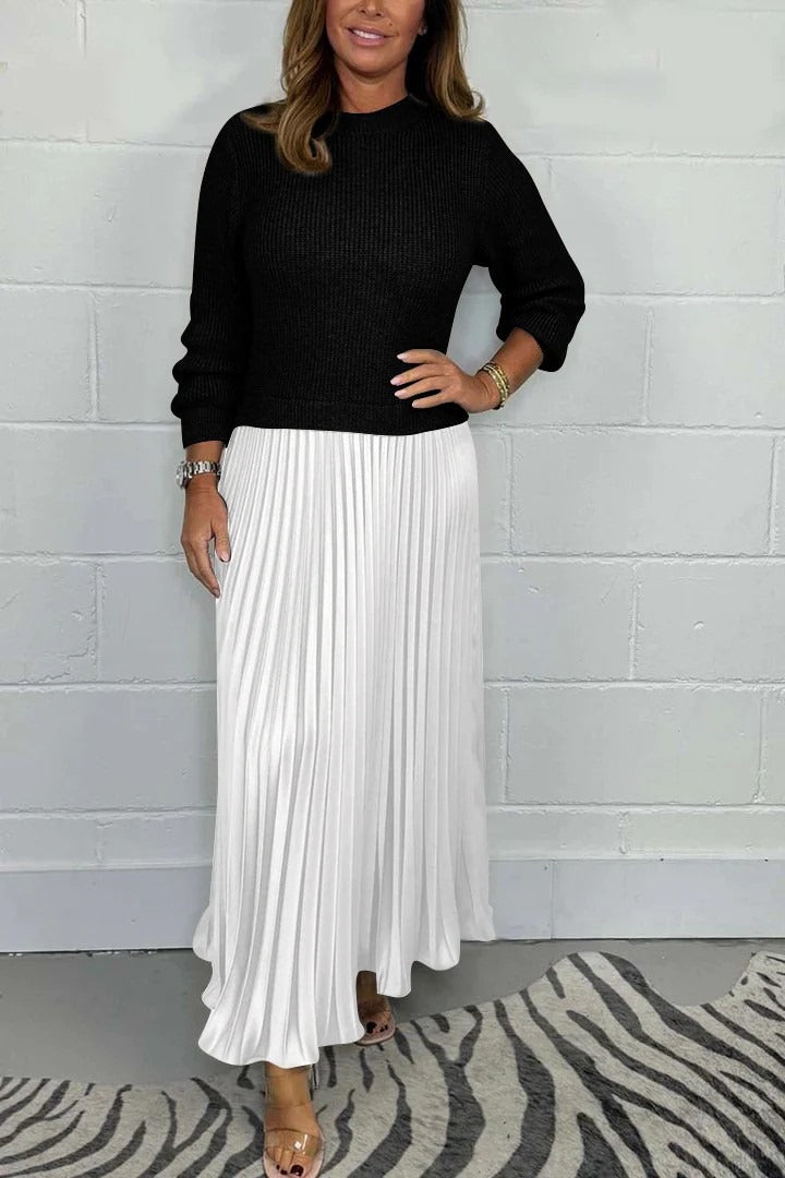 Crew Neck Long Sleeve Ribbed Knit Top Pleated Maxi Dress