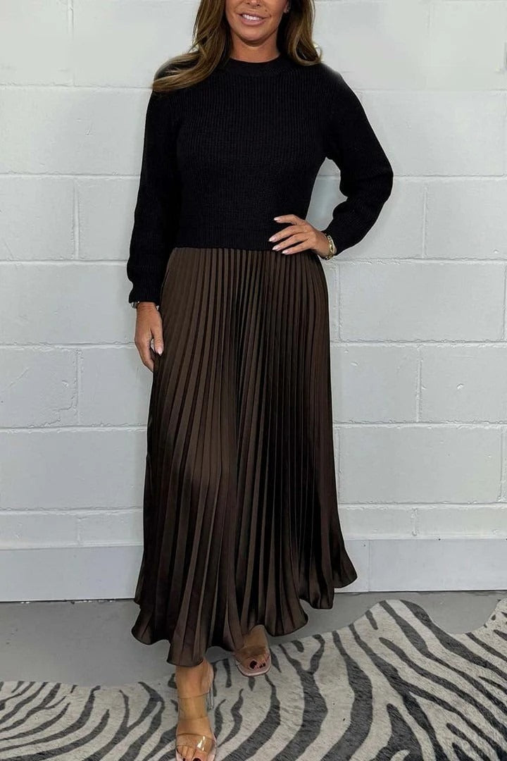 Crew Neck Long Sleeve Ribbed Knit Top Pleated Maxi Dress