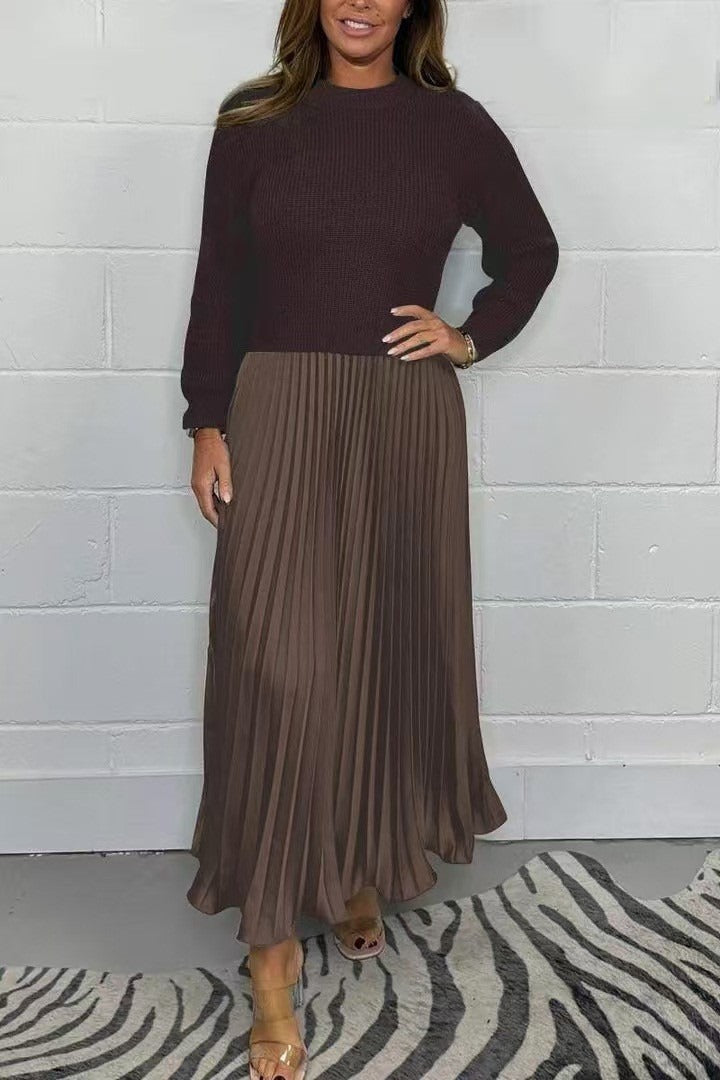 Crew Neck Long Sleeve Ribbed Knit Top Pleated Maxi Dress