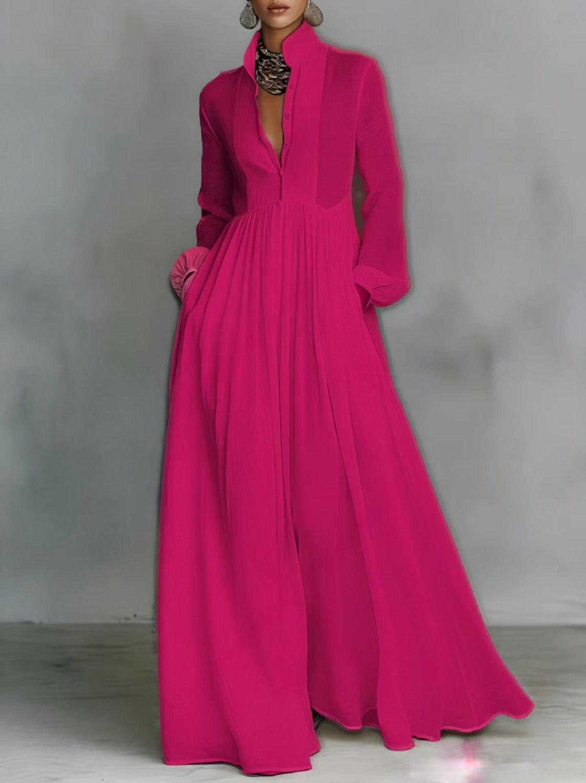 Stand Collar Long Sleeve Button Front Maxi Shirt Dress