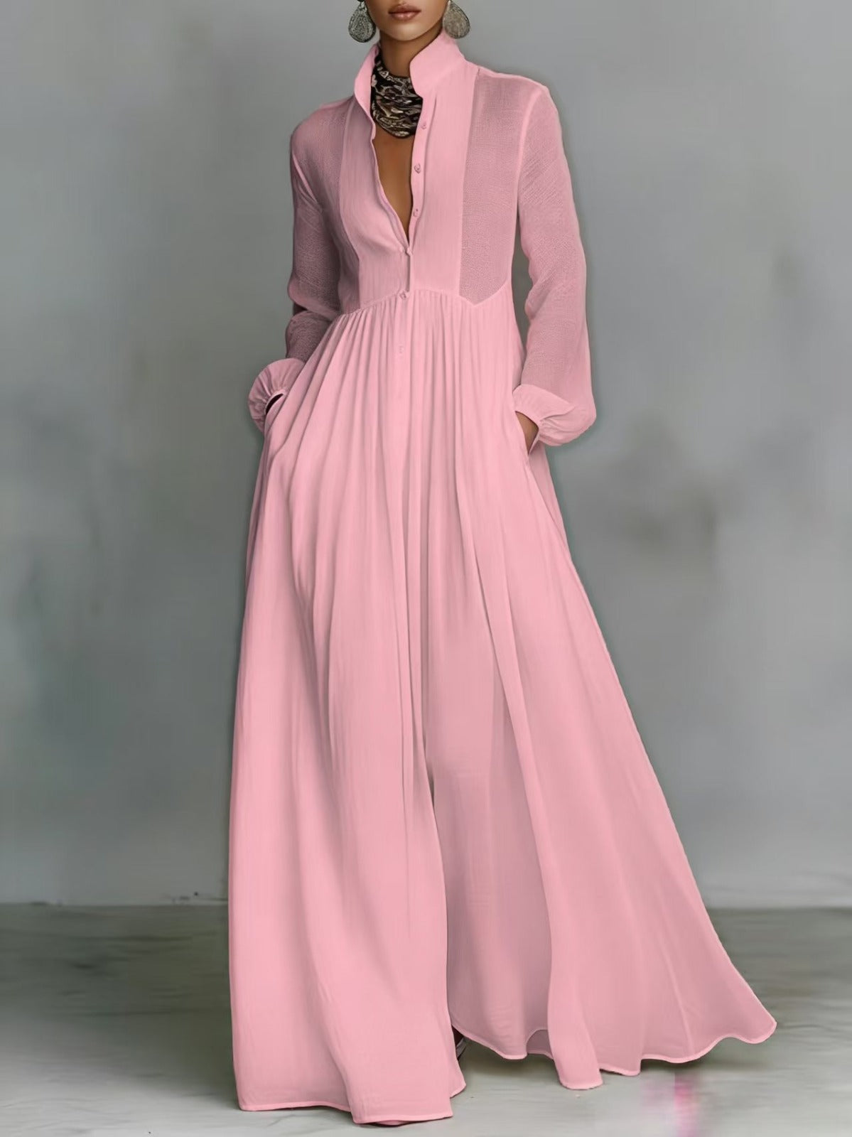 Stand Collar Long Sleeve Button Front Maxi Shirt Dress