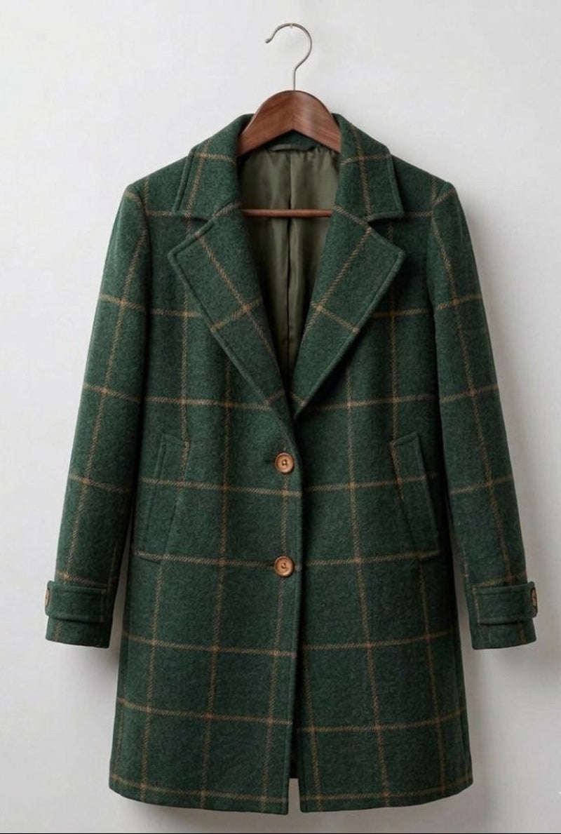 Windowpane Check Notch Lapel Single Breasted Tweed Coat
