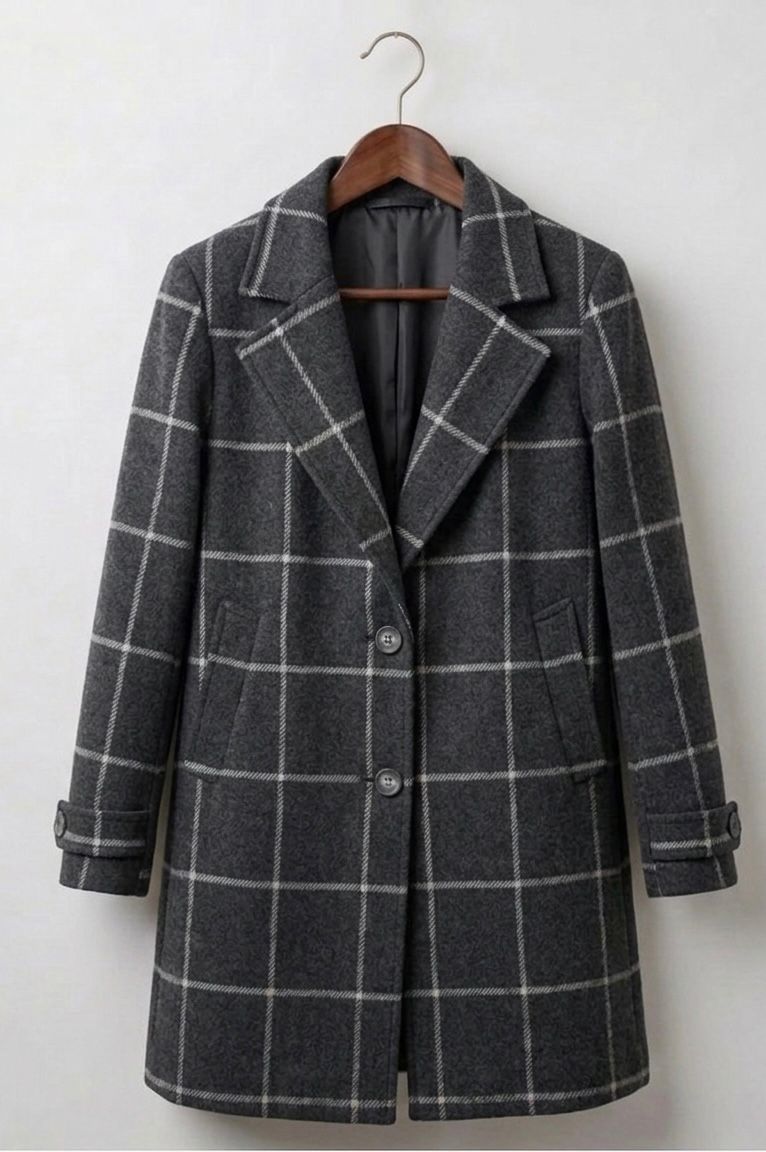 Windowpane Check Notch Lapel Single Breasted Tweed Coat