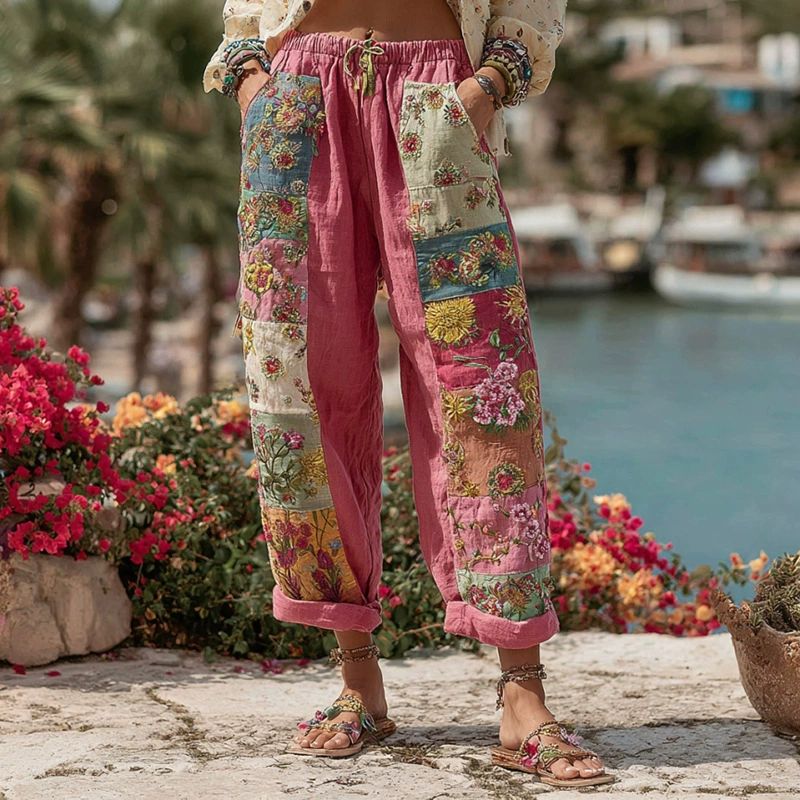 High Waist Floral Patchwork Drawstring Tapered Pants