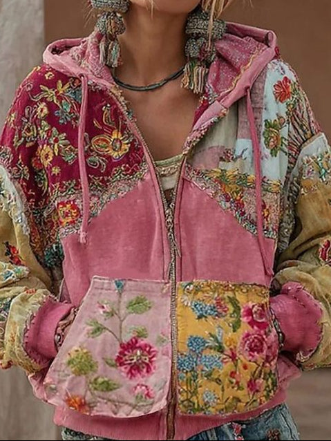 Floral Patchwork Hooded Zip Front Jacket