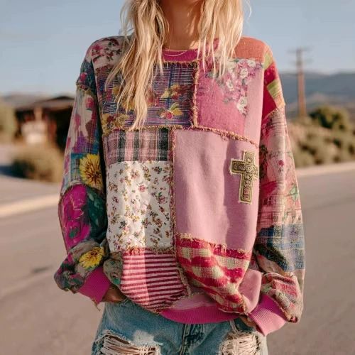 Patchwork Print Oversized Crew Neck Sweatshirt