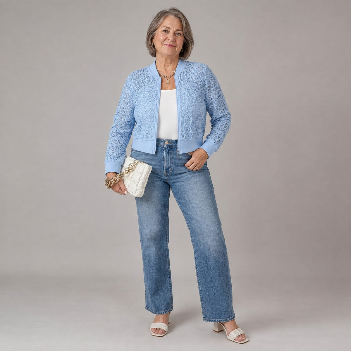 Floral Lace Ribbed Trim Cropped Bomber Jacket