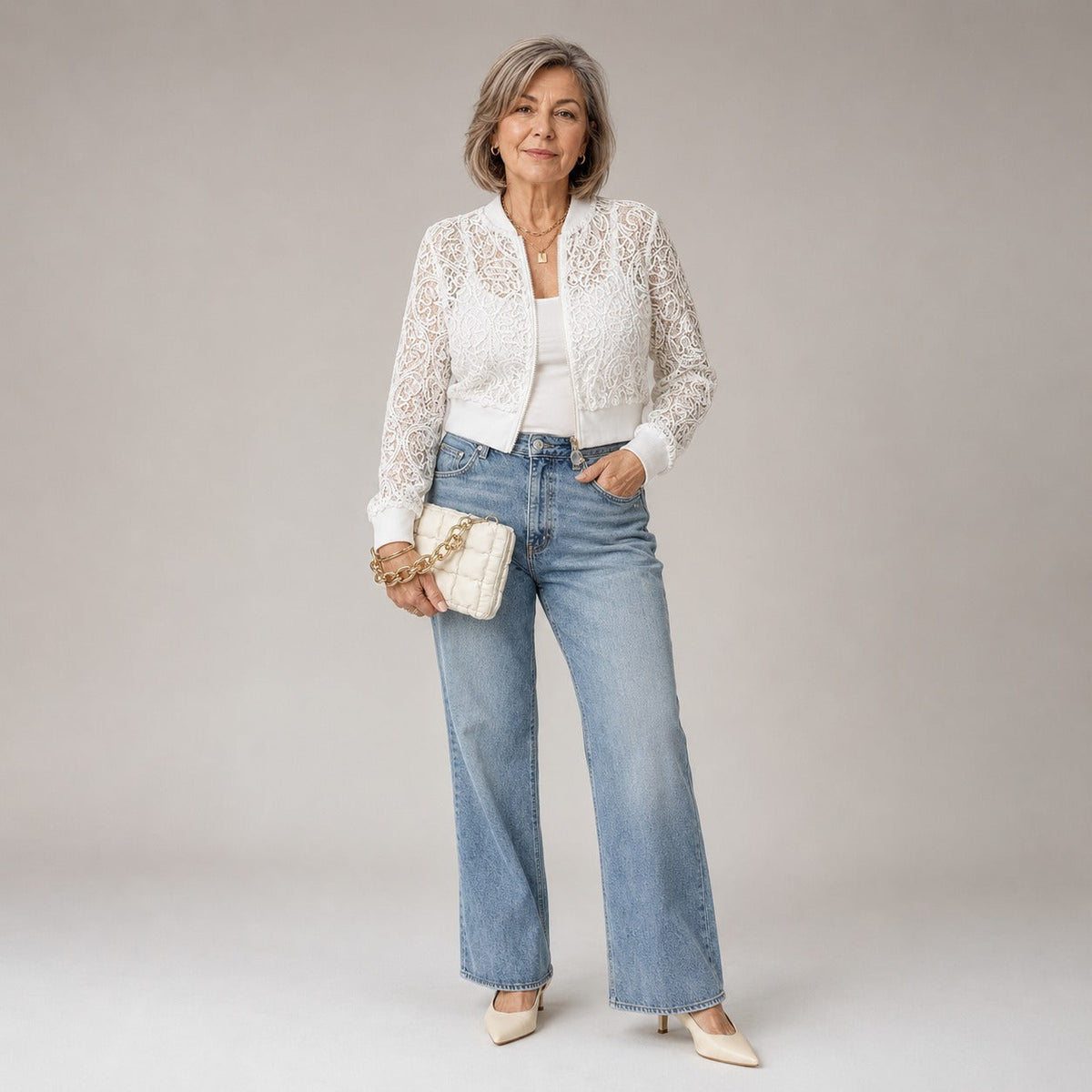 Floral Lace Ribbed Trim Cropped Bomber Jacket
