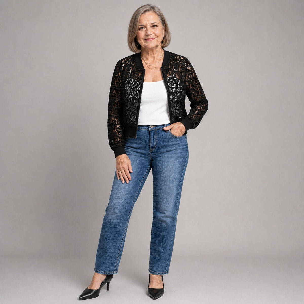Floral Lace Ribbed Trim Cropped Bomber Jacket
