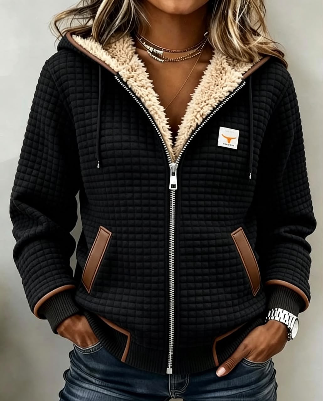 Quilted Sherpa Lined Zip Up Hooded Jacket