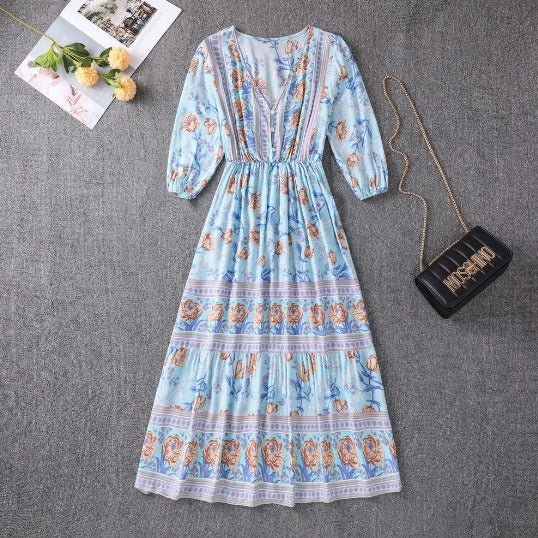 Floral Print V-Neck Three Quarter Sleeve Tiered Boho Midi Dress