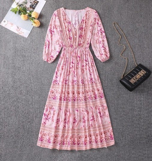 Floral Print V-Neck Three Quarter Sleeve Tiered Boho Midi Dress