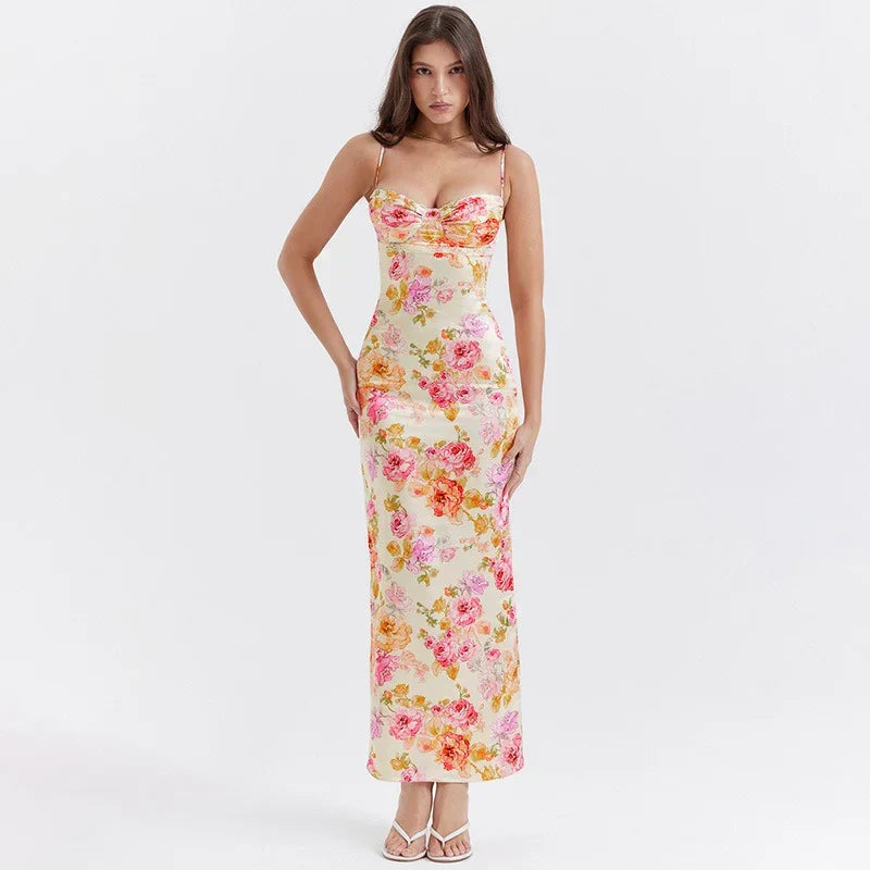 Floral Satin Sweetheart Neck Ruched Bust Spaghetti Strap Maxi Dress