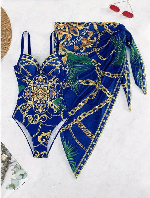 Baroque Chain Print One Piece Swimsuit and Sarong Set