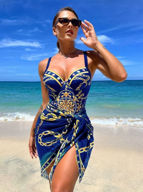 Baroque Chain Print One Piece Swimsuit and Sarong Set