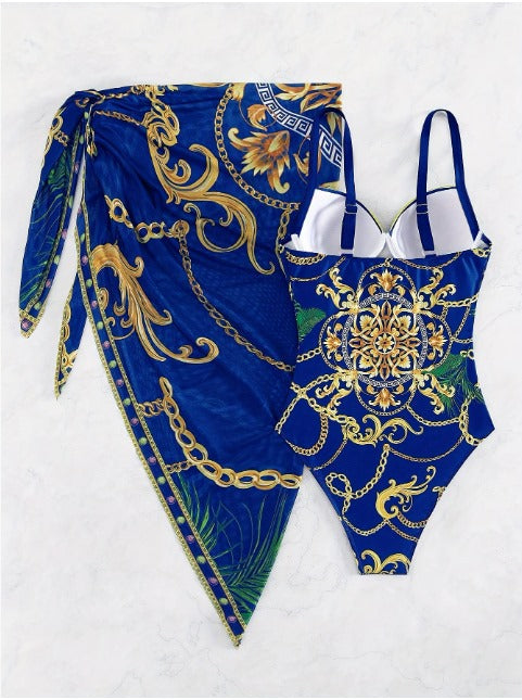 Baroque Chain Print One Piece Swimsuit and Sarong Set