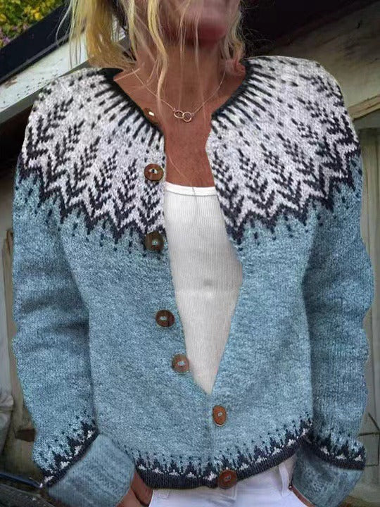Fair Isle Round Neck Button Front Knit Cardigan