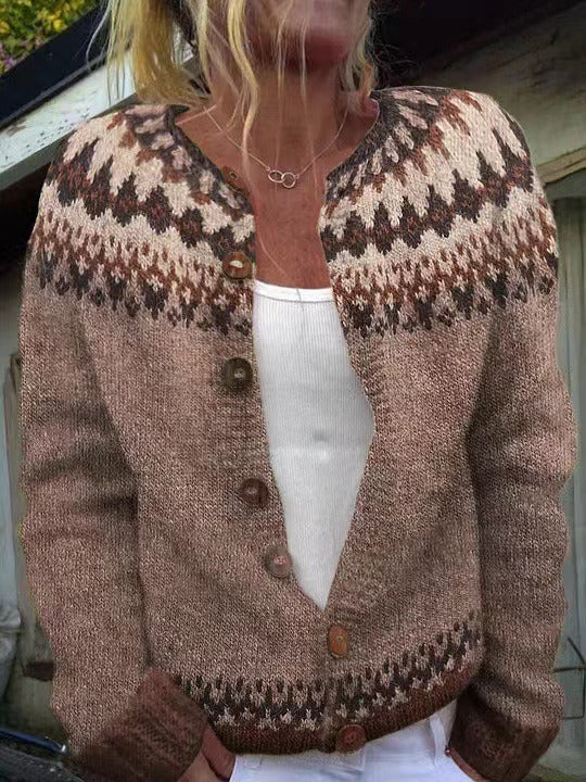 Fair Isle Round Neck Button Front Cardigan