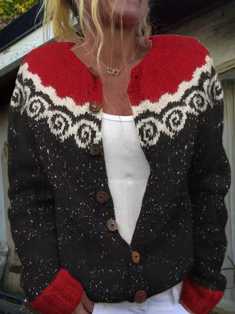 Patterned Knit Button Front Round Neck Cardigan