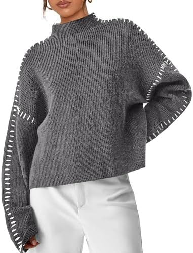 Mock Neck Whipstitch Trim Drop Shoulder Sweater