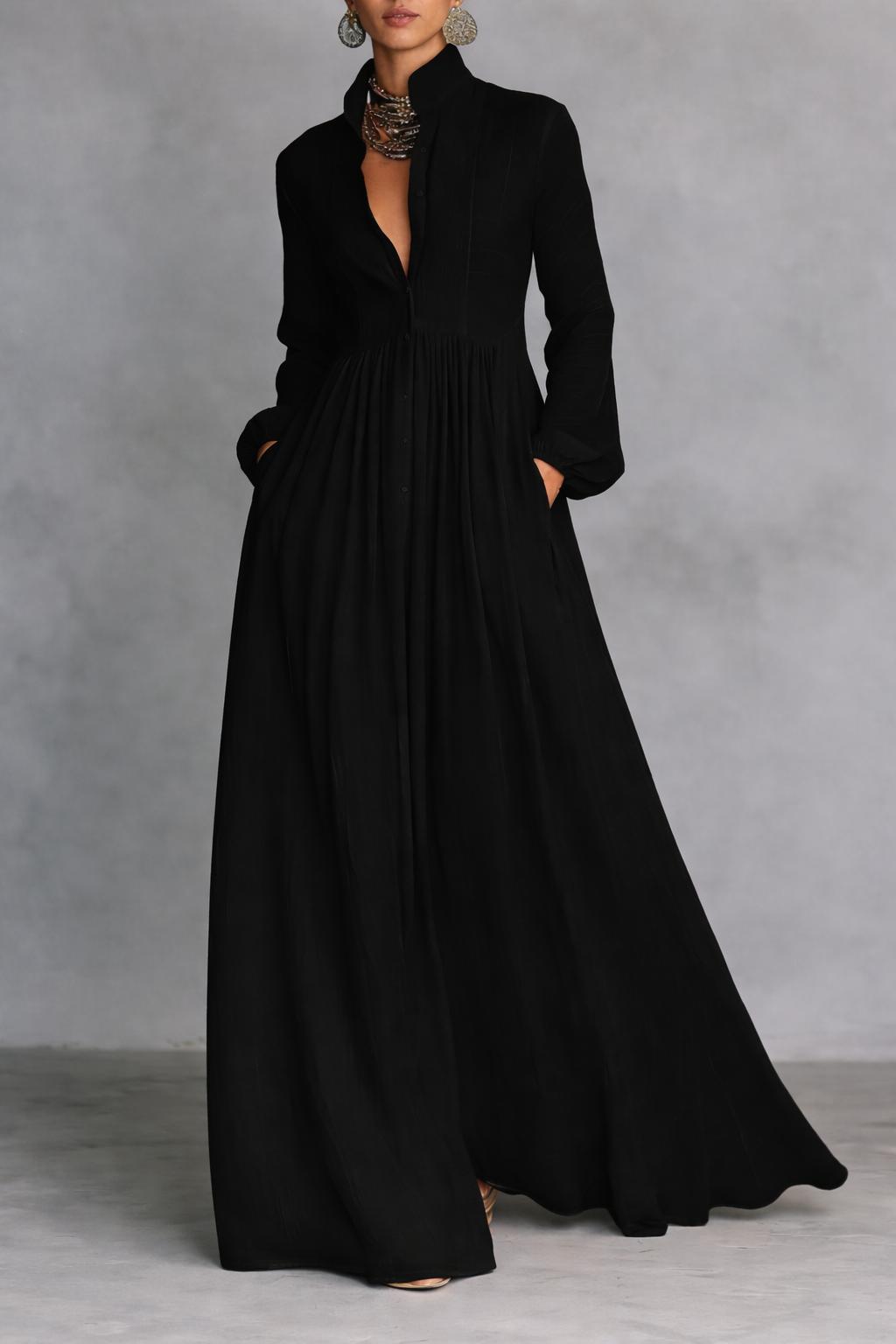 Stand Collar Long Sleeve Button Front Maxi Shirt Dress