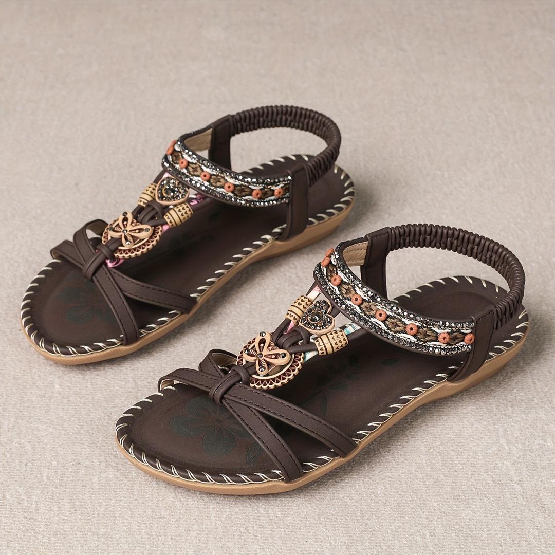 Beaded Boho T-Strap Flat Sandals