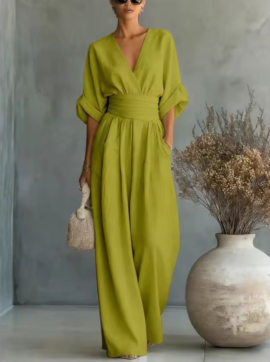 V-Neck Batwing Sleeve High Waist Wide Leg Jumpsuit