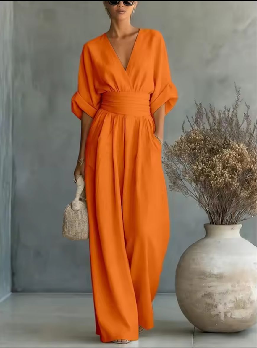 V-Neck Batwing Sleeve High Waist Wide Leg Jumpsuit