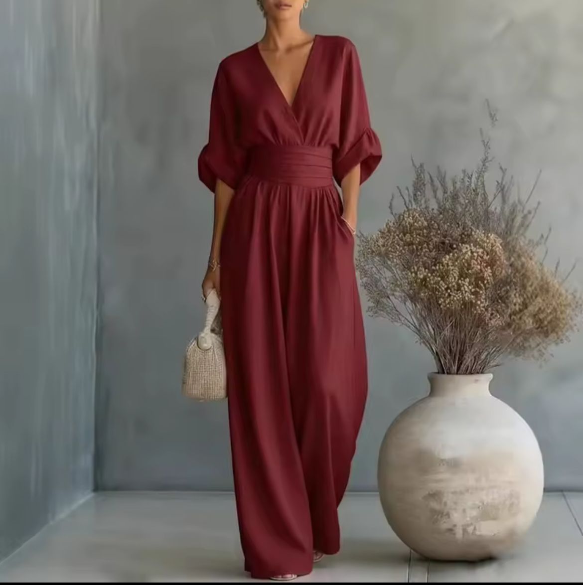 V-Neck Batwing Sleeve High Waist Wide Leg Jumpsuit