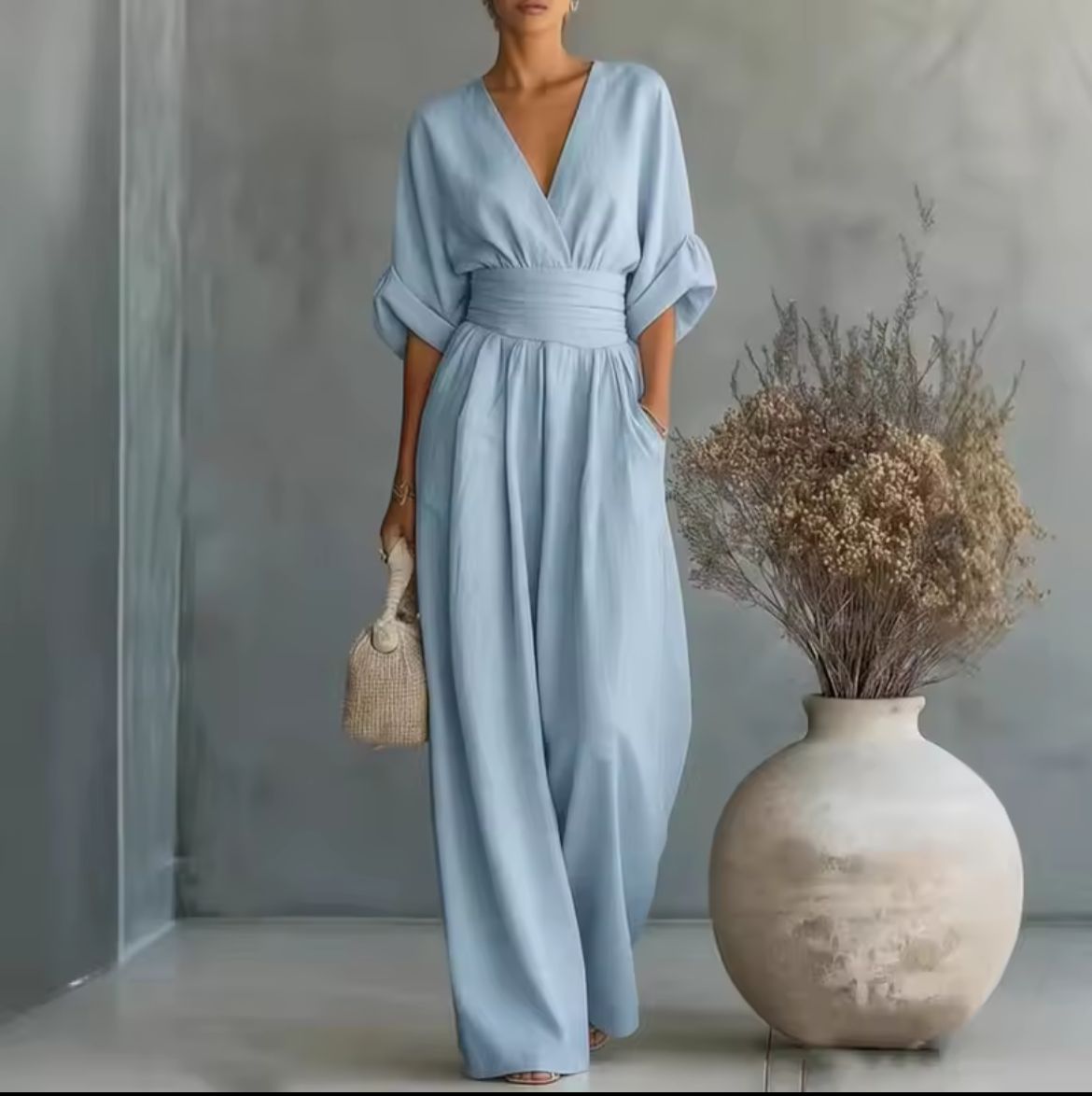 V-Neck Batwing Sleeve High Waist Wide Leg Jumpsuit