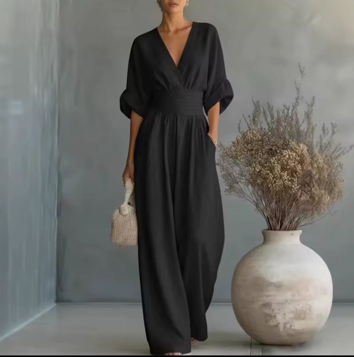 V-Neck Batwing Sleeve High Waist Wide Leg Jumpsuit