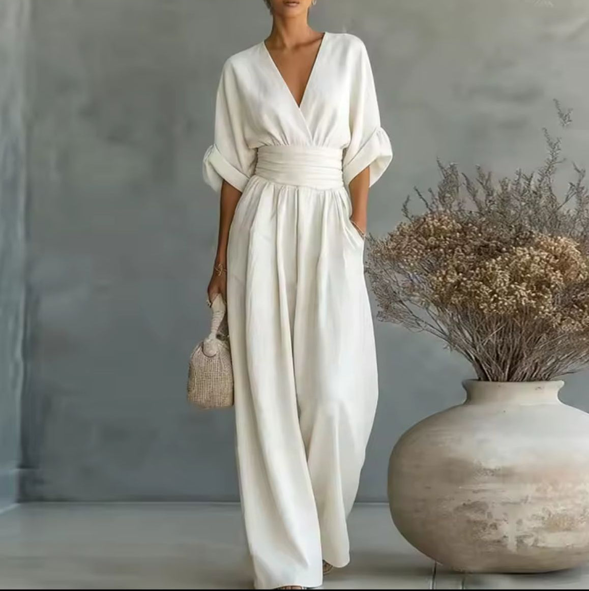 V-Neck Batwing Sleeve High Waist Wide Leg Jumpsuit