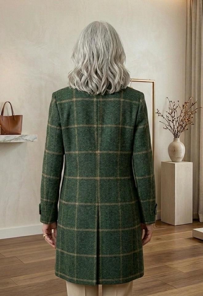 Windowpane Check Notch Lapel Single Breasted Tweed Coat