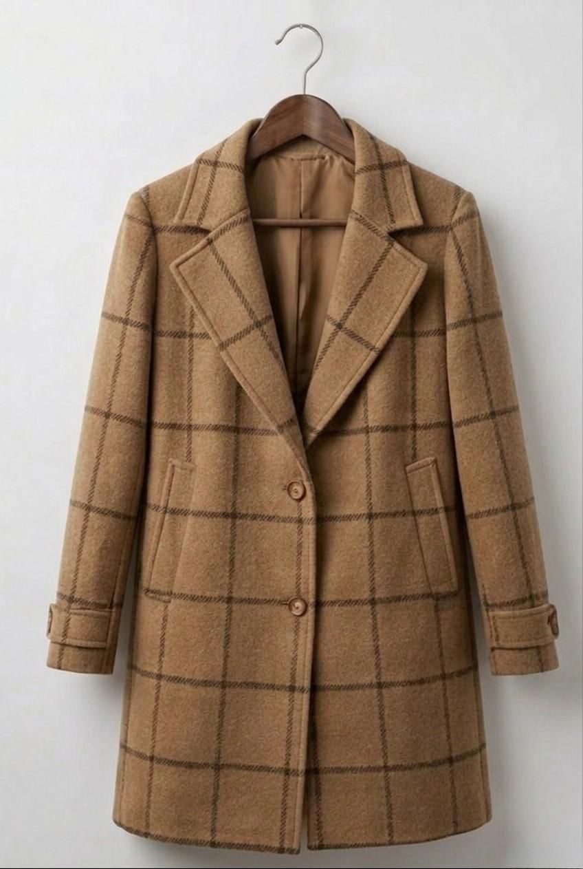 Windowpane Check Notch Lapel Single Breasted Tweed Coat