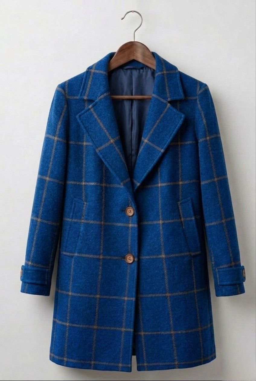 Windowpane Check Notch Lapel Single Breasted Tweed Coat