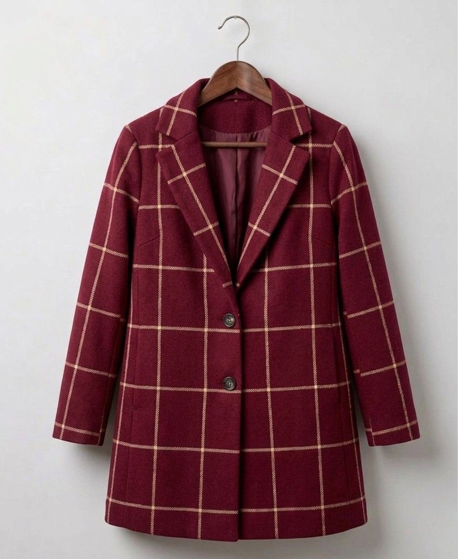Windowpane Check Notch Lapel Single Breasted Tweed Coat