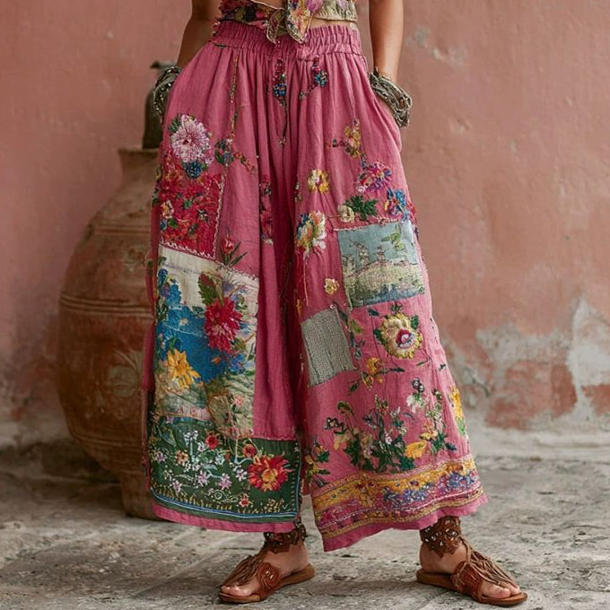 Floral Patchwork High Waist Wide Leg Pants
