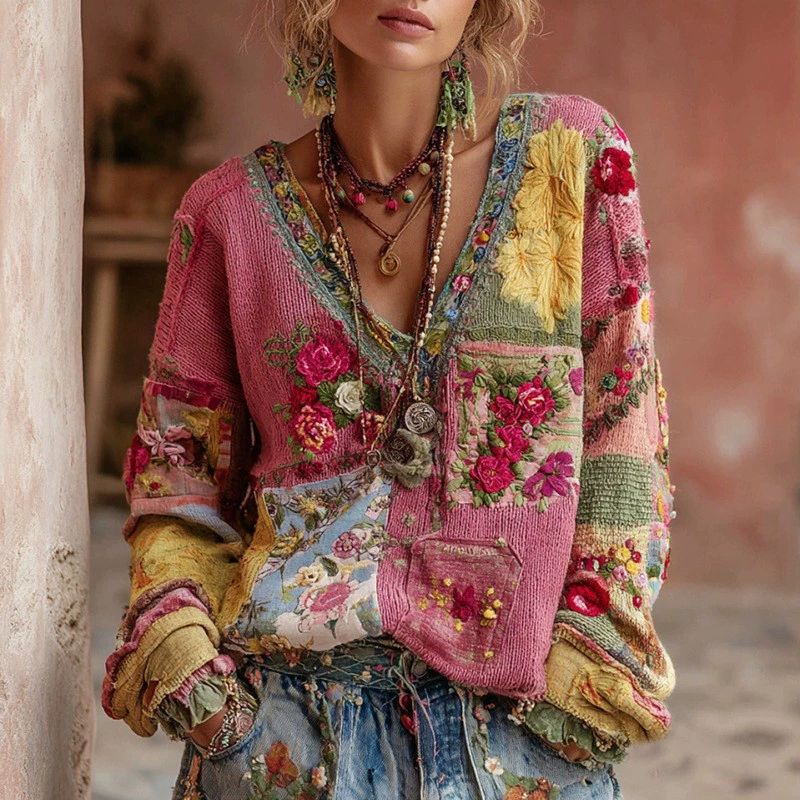 V-Neck Floral Patchwork Knit Sweater