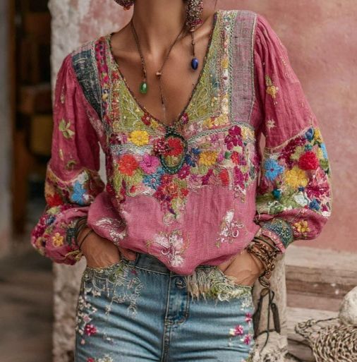 Floral Embroidered V-Neck Long Sleeve Boho Blouse