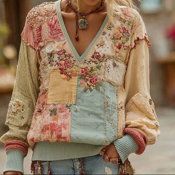Floral Patchwork V-Neck Long Sleeve Knit Sweater