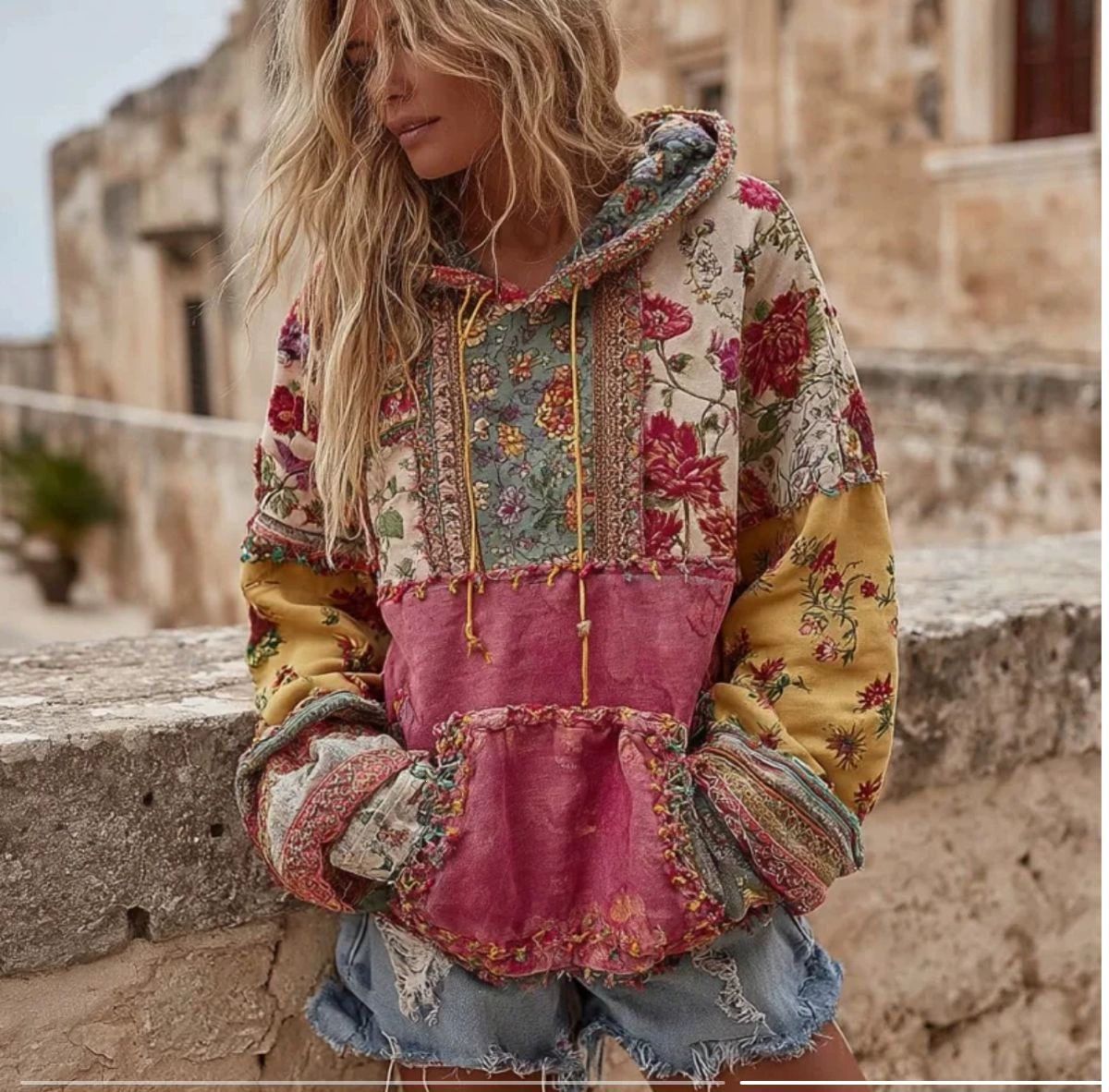 Floral Embroidered Drawstring Hooded Sweatshirt