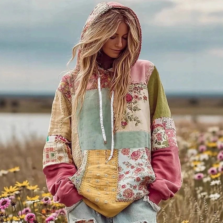 Floral Embroidered Drawstring Hooded Sweatshirt
