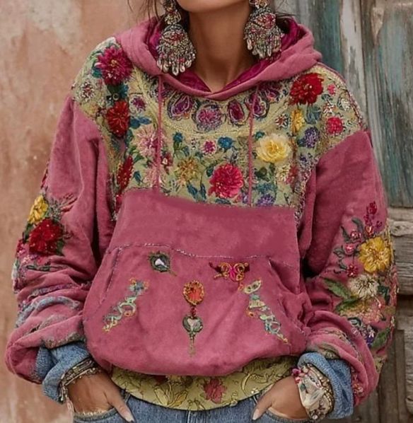 Floral Embroidered Drawstring Hooded Sweatshirt