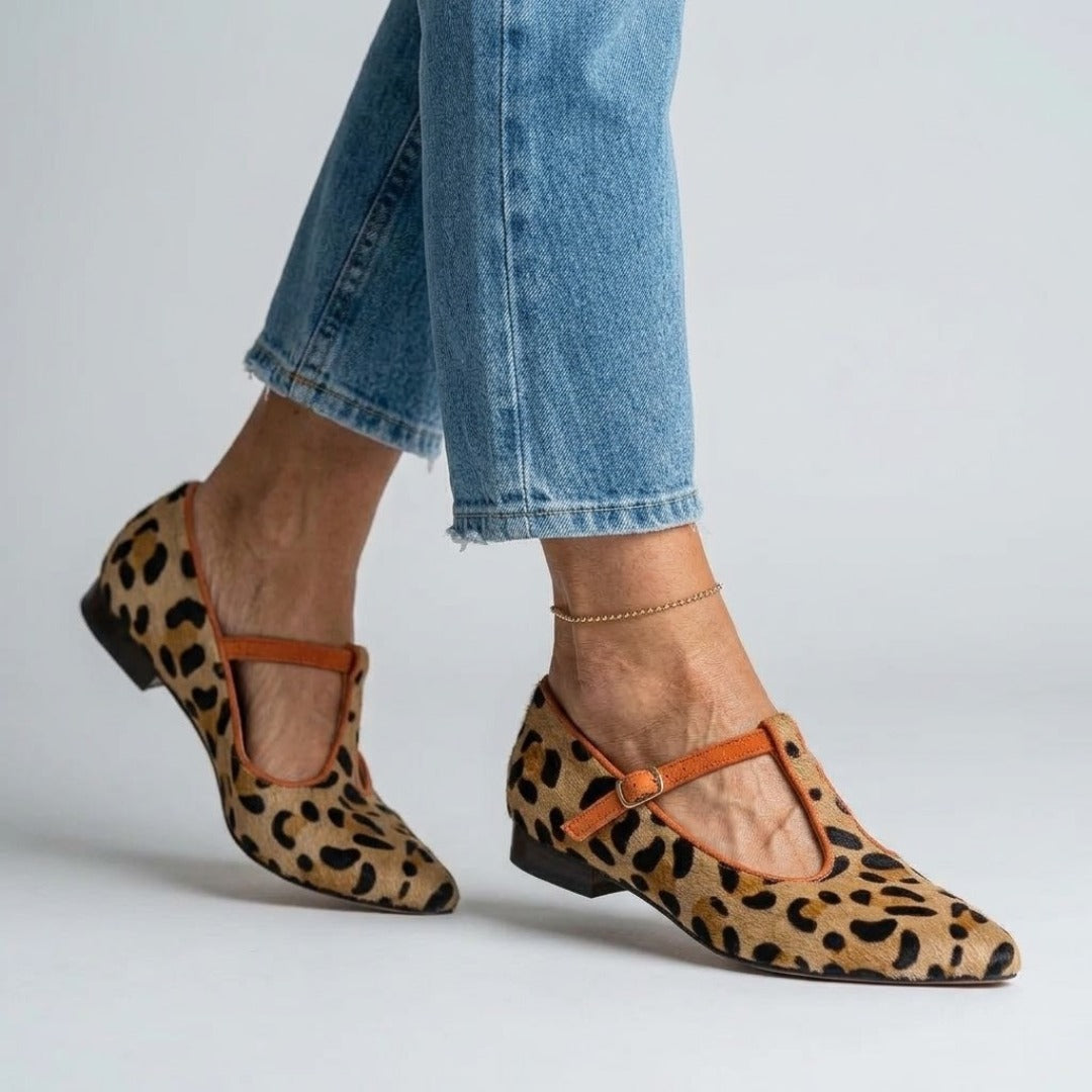 Pointed Toe T-Strap Buckle Leopard Flats