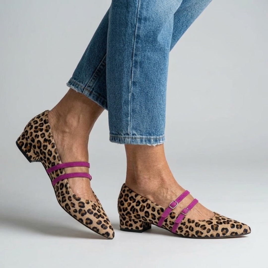 Leopard Print Pointed Toe Double Buckle Mary Jane Flats