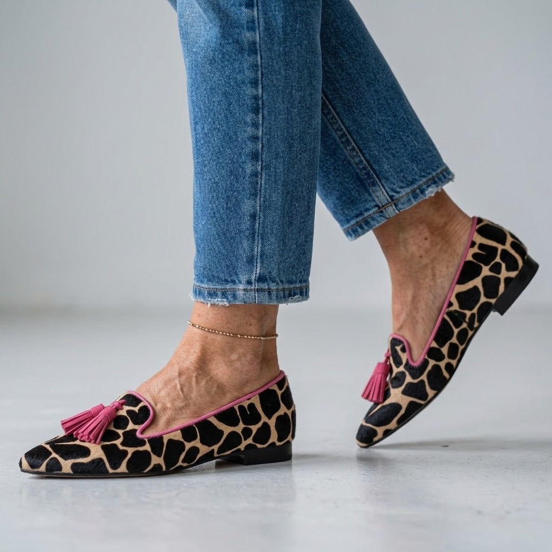 Animal Print Pointed Toe Tassel Flats