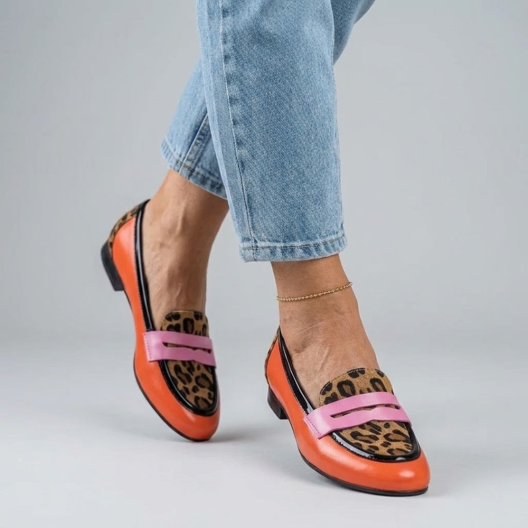 Leopard Print Contrast Strap Pointed Toe Penny Loafers